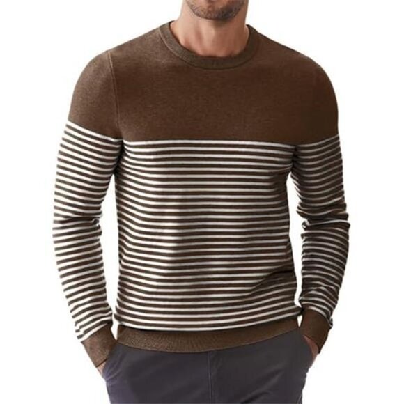 Mens Sweater Casual Slim Fit Crew Neck Striped Knitted Pollover Long Sleeve - Picture 1 of 6